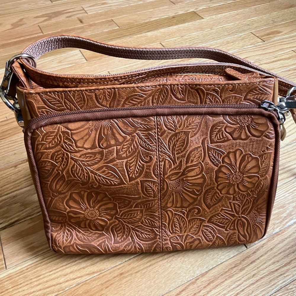 Embossed Floral Shoulder Bag in Cognac Brown